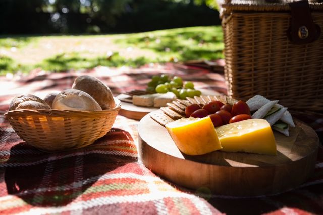 Bun, cheese, cracker biscuit on picnic blanket - Download Free Stock Photos Pikwizard.com