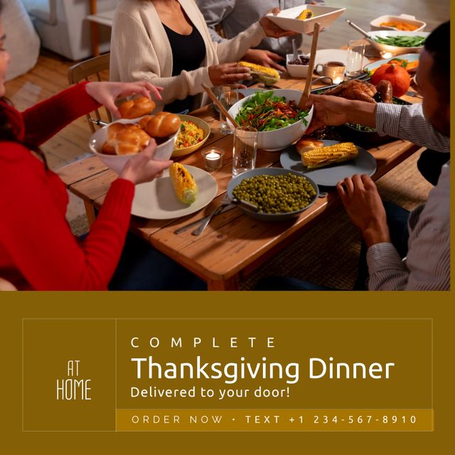Composition of thanksgiving dinner text over caucasian family having dinner. Thanksgiving day and celebration concept digitally generated image.