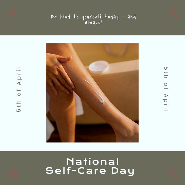 Composition of national self-care day text over biracial woman applying cream on legs. National self-care day concept digitally generated image.
