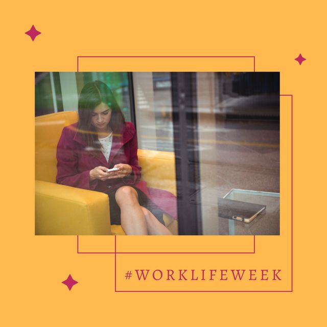 Image of work life week over caucasian woman sitting in armchair and using smartphone. Business and work life balance concept.