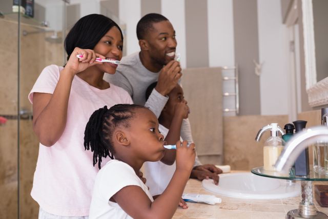 Parents with children brushing teeth in bathroom at home - Download Free Stock Photos Pikwizard.com