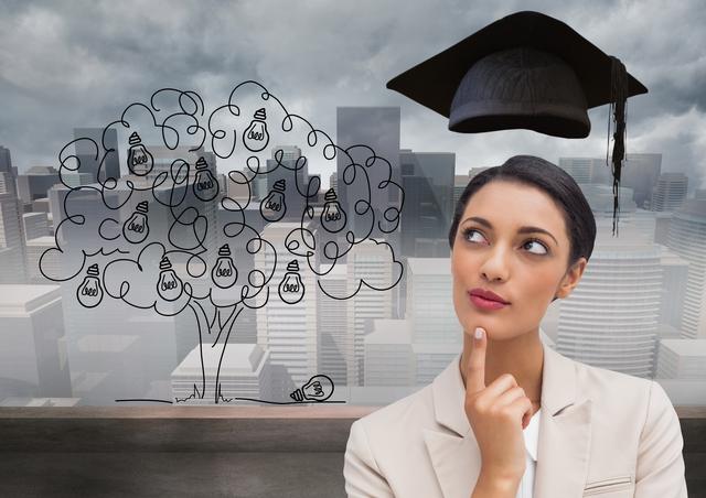 Businesswoman with graduation cap against building in background - Download Free Stock Photos Pikwizard.com