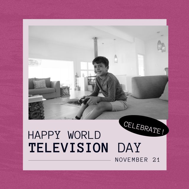 Composition of happy world television day text with biracial playing video games. Television day and celebration concept digitally generated image.