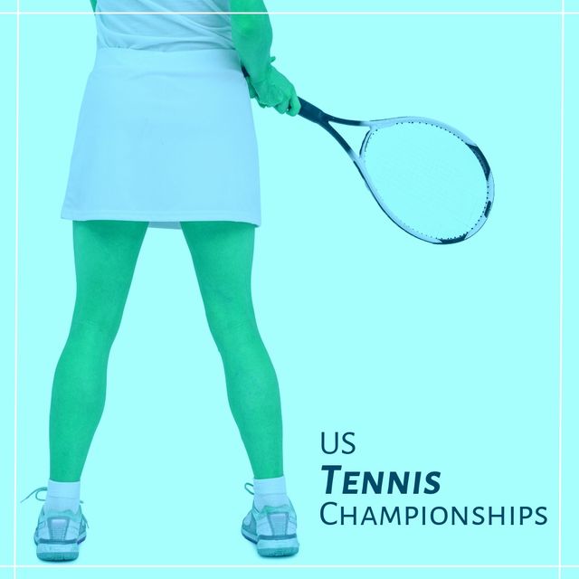 Low section of caucasian female player holding tennis racket and us tennis championships text. Blue background, composite, copy space, sport, tournament and competition concept.