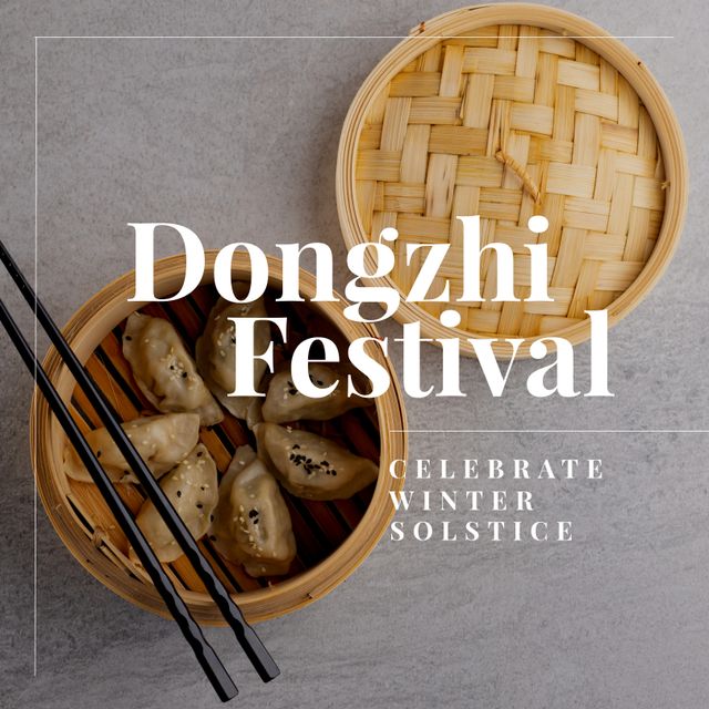 Square image of chines dumplings and happy dongzhi festival celebrate winter solstice text. Dongzhi festival campaign.