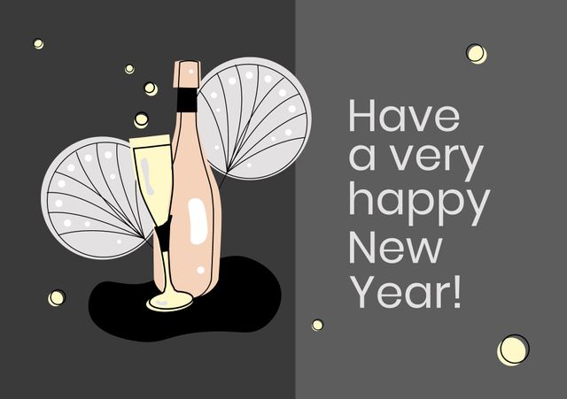 Image of have a happy new year and bottle with champagne on grey background. V