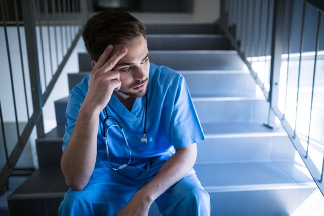 Tensed male nurse sitting on staircase - Download Free Stock Photos Pikwizard.com