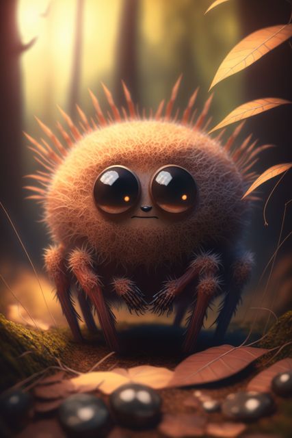 Cute brown spider with orange leaves over forest created using generative ai technology. Animals and nature concept digitally generated image.