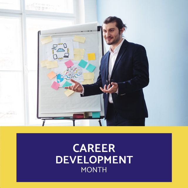 Image of career development month over caucasian man making presentation. Business, work, career and development concept.