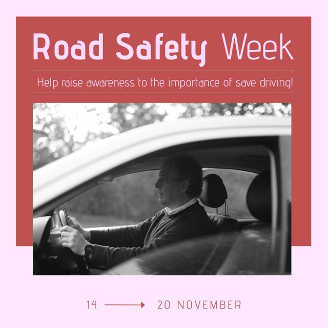 Composition of road safety week text over caucasian man in car. Road safety week and celebration concept digitally generated image.
