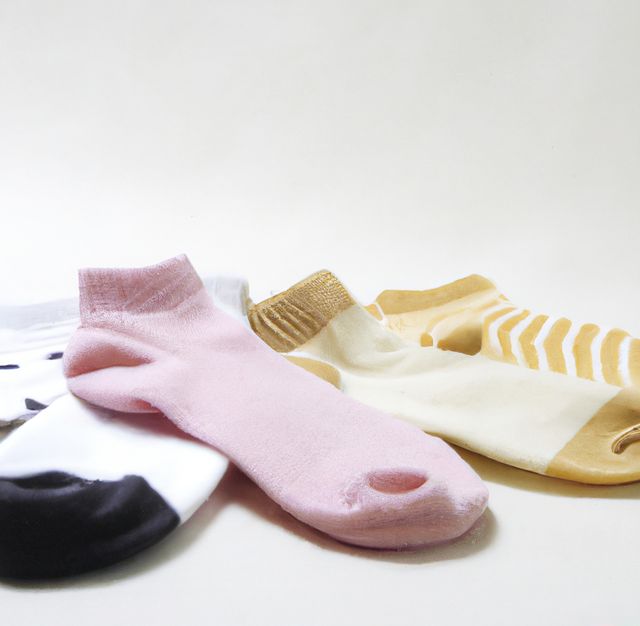 Close up of pink, yellow and white socks on white background. Fashion, design and clothes concept.