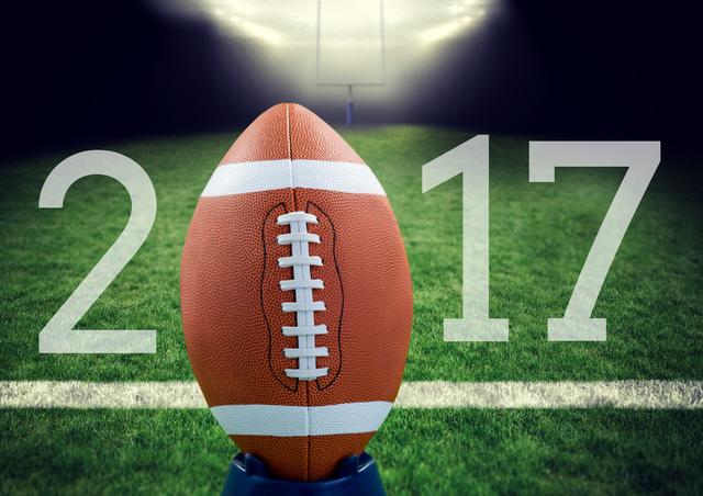 Rugby ball on 2017 logo against stadium in background - Download Free Stock Photos Pikwizard.com