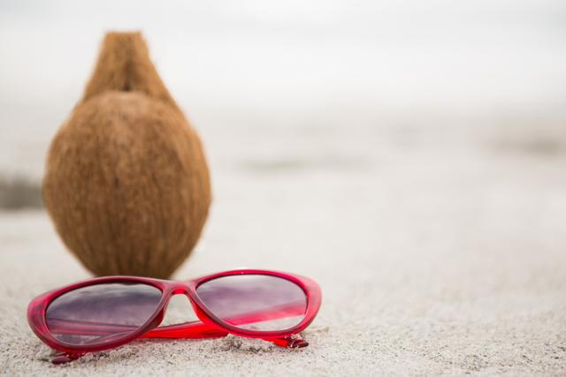 Coconut and a sunglass kept on the sand - Download Free Stock Photos Pikwizard.com