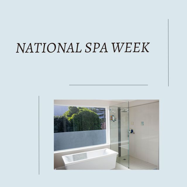 Composition of national spa week text over bathroom. National spa week and celebration concept digitally generated image.