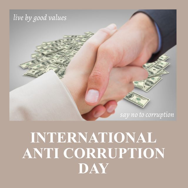 Image of international anti corruption day and hands of caucasian businessmen over banknotes. Business, corruption and fraud concept.