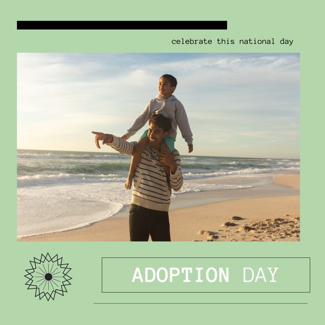 Composition of adoption day text with biracial man and his son. Adoption day and celebration concept digitally generated image.
