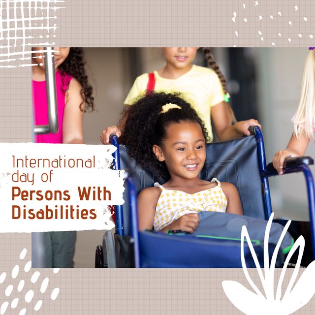 International day of persons with disabilities text and girls assisting friend on wheelchair. Composite, together, school, childhood, support, dignity, rights, wellbeing and prevention concept.