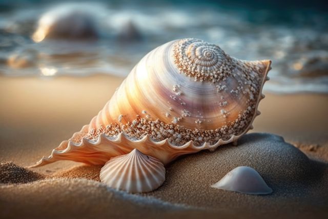Close up of seashells in sand on beach by sea, created using generative ai technology. Shells, beach and beauty in nature concept digitally generated image.