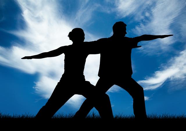 Silhouette of couple exercising against sky in background - Download Free Stock Photos Pikwizard.com