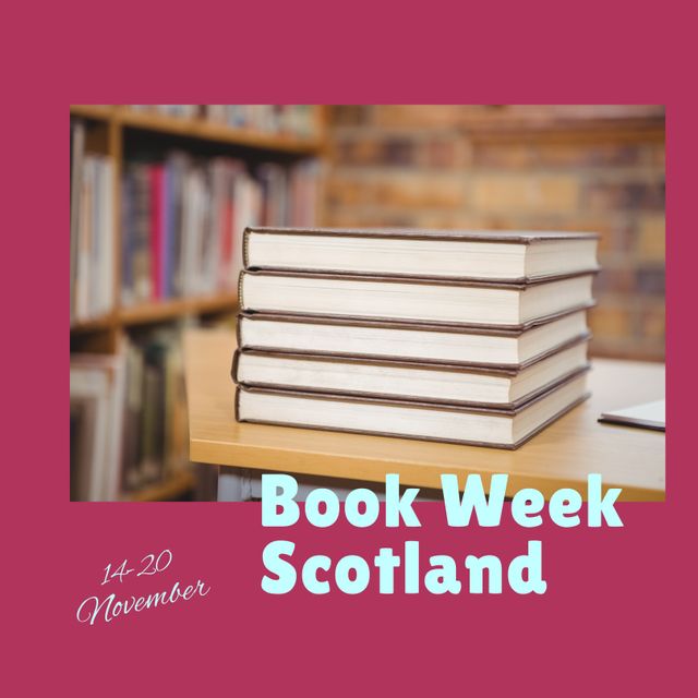 Composition of book week scotland text with books on pink background. Book week and celebration concept digitally generated image.