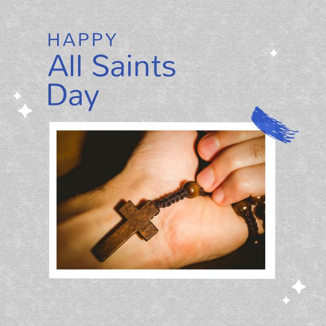 Composition of happy all saints day text with hand holding rosary over grey background. All saints day and celebration concept digitally generated image.