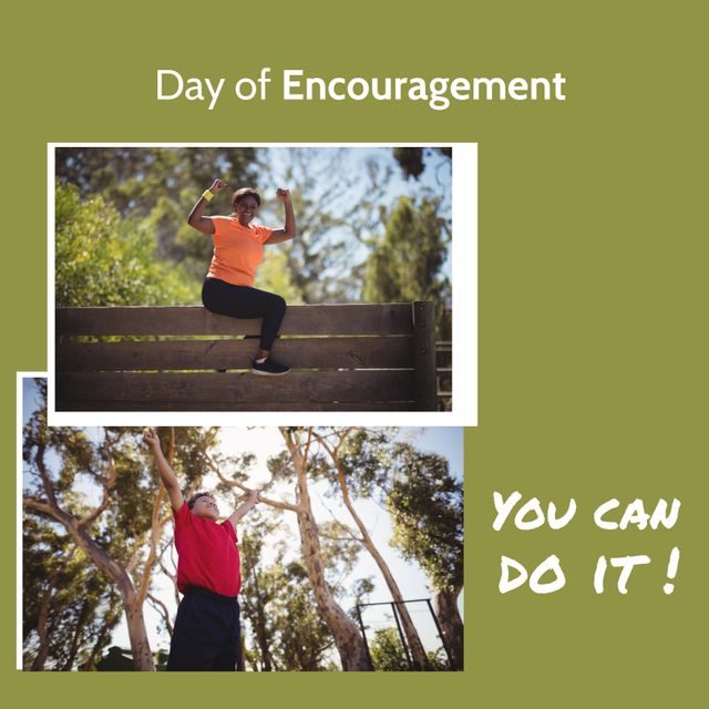 Collage of multiracial happy woman sitting on fence, boy with arms raised in park and you can do it. Text, achievement, day of encouragement, childhood, inspire, positive emotion and motivation.