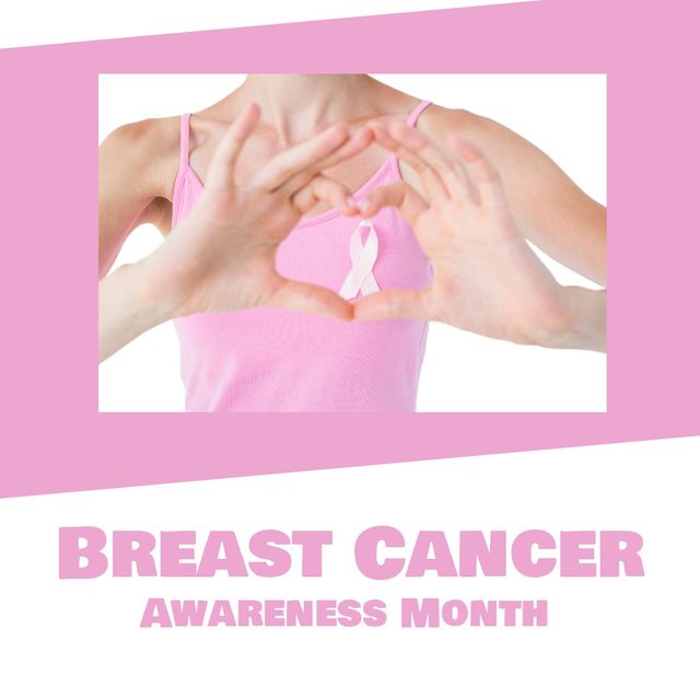 Digital composite image of caucasian woman making heart shape, breast cancer awareness month text. Copy space, raise awareness, support, breast cancer awareness campaign.