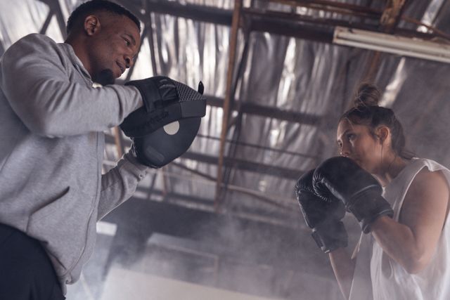 Low angle view of dedicated multiracial male and female boxers practicing boxing in health club - Download Free Stock Photos Pikwizard.com