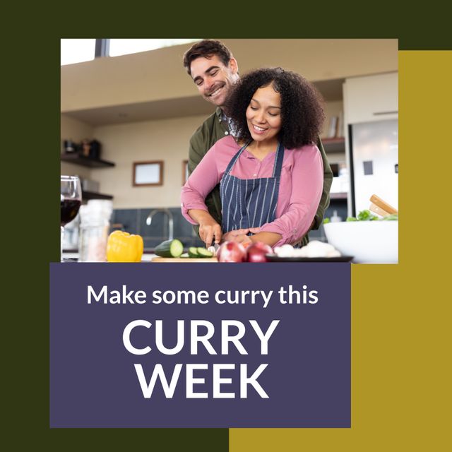 Image of curry week over happy diverse couple cooking in kitchen. Indian cuisine, food, meal preparing and curry concept.