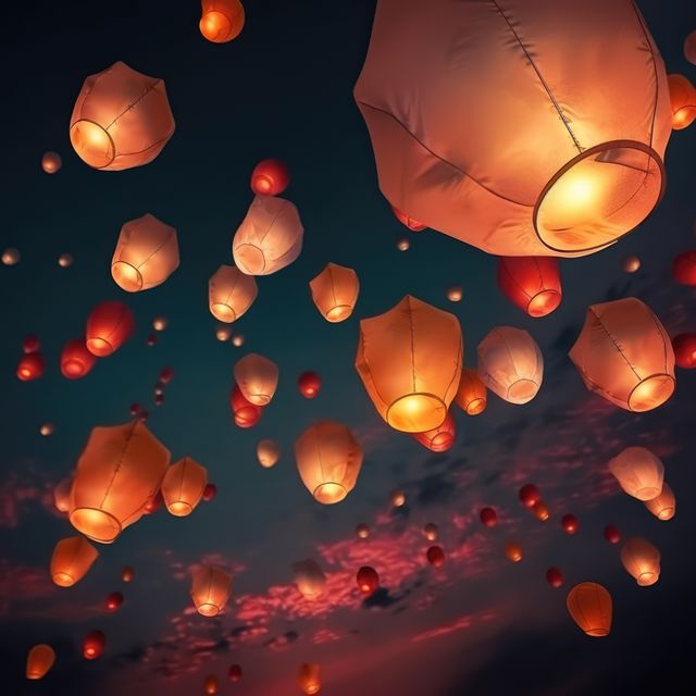 Multiple lighted chinese lanterns over sky with clouds created using