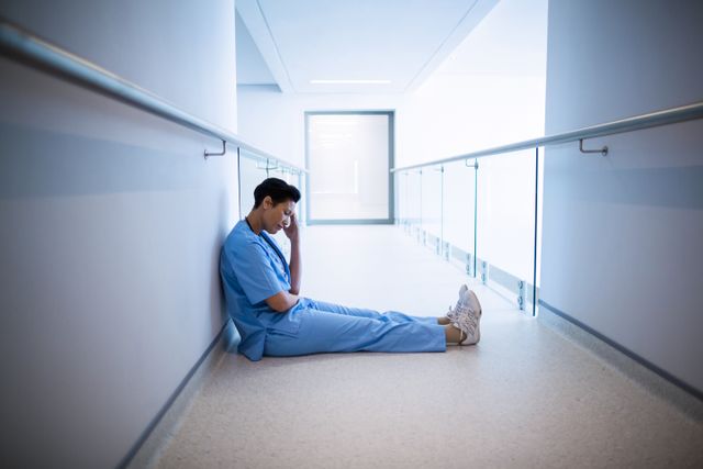 Tensed female nurse sitting in corridor - Download Free Stock Photos Pikwizard.com