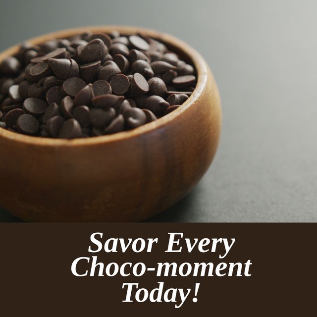 Composite of savor every choco-moment today text over closeup of chocolate chips in bowl. Copy space, sweet food, temptation, indulgence and celebration concept.