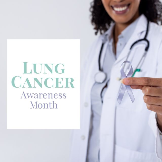 Digital image of biracial female doctor holding ribbon with lung cancer awareness month text. Copy space, healthcare, support, raise awareness, lung cancer, campaign.