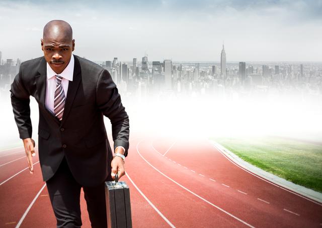Business man with briefcase running on track against blurry skyline - Download Free Stock Photos Pikwizard.com