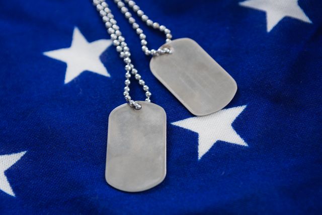Close-up of dog tags chain on an American flag