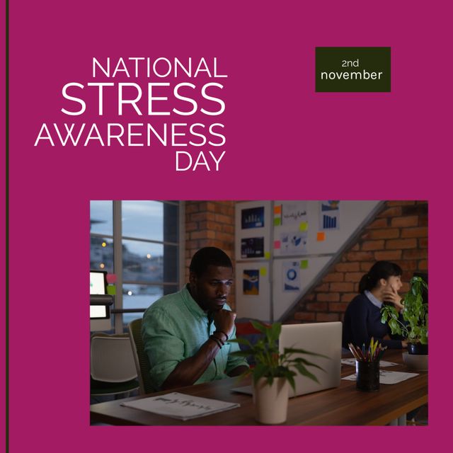 Composition of national stress awareness day text over diverse business people on pink background. Stress awareness day and celebration concept digitally generated image.
