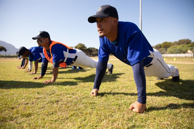 Team of baseball players performing plank exercise in the field - Download Free Stock Photos Pikwizard.com