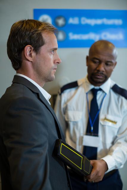 Airport security officer using a hand held metal detector to check a commuter - Download Free Stock Photos Pikwizard.com