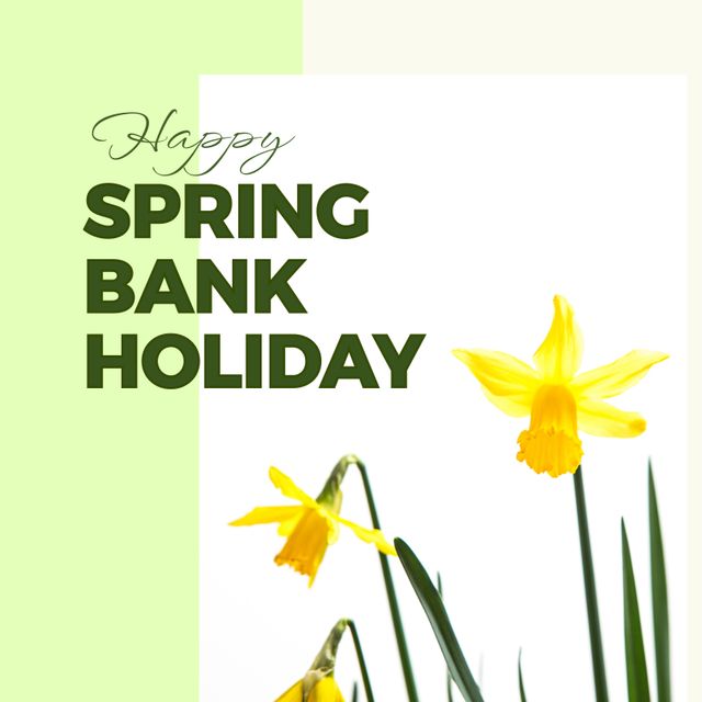 Composite of happy spring bank holiday text and beautiful yellow flowers on white background. Copy space, nature, summer, enjoyment and holiday concept.