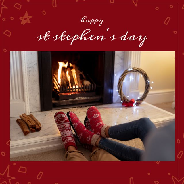Composition of st stephen's day text over caucasian couple sitting by fireplace. St stephen's day and celebration concept digitally generated image.