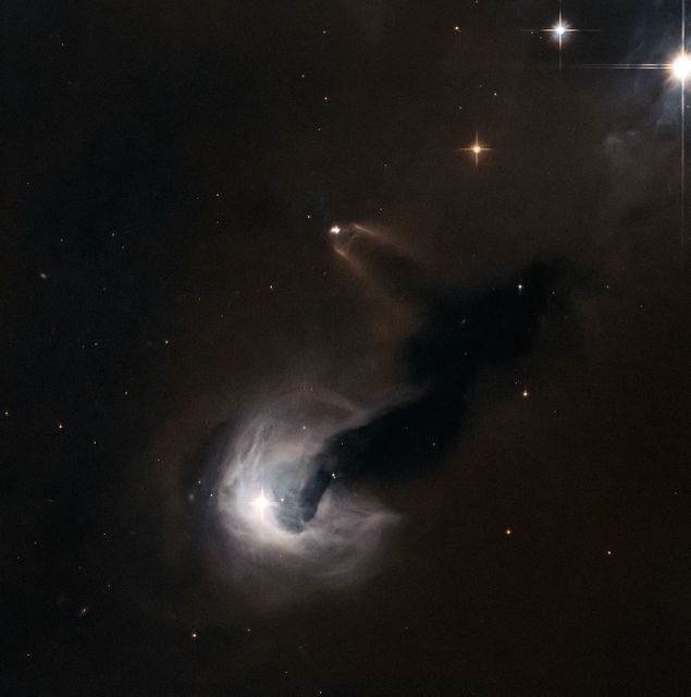 This new NASA/ESA Hubble Space Telescope image shows a variety of intriguing cosmic phenomena.  Surrounded by bright stars, towards the upper middle of the frame we see a small young stellar object (YSO) known as SSTC2D J033038.2+303212. Located in the constellation of Perseus, this star is in the early stages of its life and is still forming into a fully-grown star. In this view from Hubble’s Advanced Camera for Surveys(ACS) it appears to have a murky chimney of material emanating outwards and downwards, framed by bright bursts of gas flowing from the star itself. This fledgling star is actually surrounded by a bright disk of material swirling around it as it forms — a disc that we see edge-on from our perspective.   However, this small bright speck is dwarfed by its cosmic neighbor towards the bottom of the frame, a clump of bright, wispy gas swirling around as it appears to spew dark material out into space. The bright cloud is a reflection nebula known as [B77] 63, a cloud of interstellar gas that is reflecting light from the stars embedded within it. There are actually a number of bright stars within [B77] 63, most notably the emission-line star LkHA 326, and it nearby neighbor LZK 18.  These stars are lighting up the surrounding gas and sculpting it into the wispy shape seen in this image. However, the most dramatic part of the image seems to be a dark stream of smoke piling outwards from [B77] 63 and its stars — a dark nebula called Dobashi 4173. Dark nebulae are incredibly dense clouds of pitch-dark material that obscure the patches of sky behind them, seemingly creating great rips and eerily empty chunks of sky. The stars speckled on top of this extreme blackness actually lie between us and Dobashi 4173.  Credit: ESA/NASA  <b><a href="http://www.nasa.gov/audience/formedia/features/MP_Photo_Guidelines.html" rel="nofollow">NASA image use policy.</a></b>  <b><a href="http://www.nasa.gov/centers/goddard/home/index.html" rel="nofollow">NASA Goddard Space Flight Center</a></b> enables NASA’s mission through four scientific endeavors: Earth Science, Heliophysics, Solar System Exploration, and Astrophysics. Goddard plays a leading role in NASA’s accomplishments by contributing compelling scientific knowledge to advance the Agency’s mission. <b>Follow us on <a href="http://twitter.com/NASAGoddardPix" rel="nofollow">Twitter</a></b> <b>Like us on <a href="http://www.facebook.com/pages/Greenbelt-MD/NASA-Goddard/395013845897?ref=tsd" rel="nofollow">Facebook</a></b> <b>Find us on <a href="http://instagram.com/nasagoddard?vm=grid" rel="nofollow">Instagram</a></b>