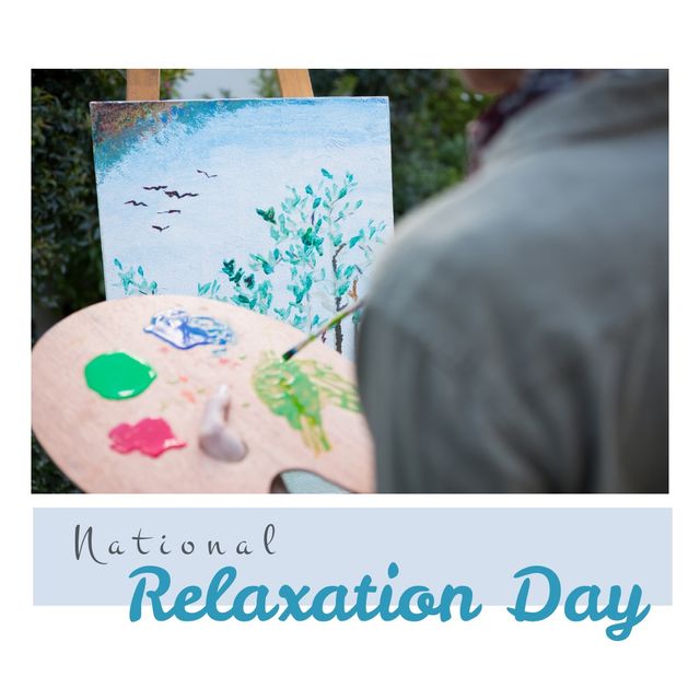 Composite of midsection of man painting with watercolors on canvas and national relaxation day text. Art, hobbies, lifestyle, relaxing, holiday and celebration concept.