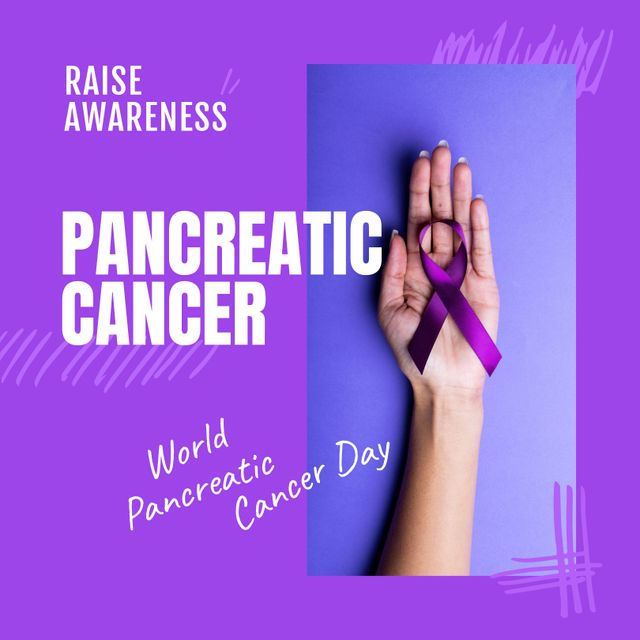 Composition of pancreatic cancer text with hand holding purple ribbon on purple background. Pancreatic cancer day and celebration concept digitally generated image.