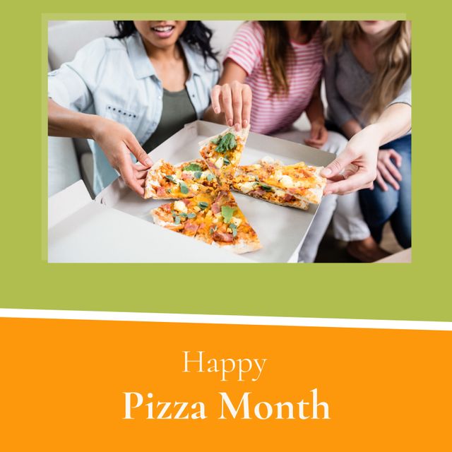 Midsection of multiracial young female friends taking pizza from box and national pizza month text. Composite, togetherness, take out food, copy space, pizza, food, enjoyment and celebration concept.