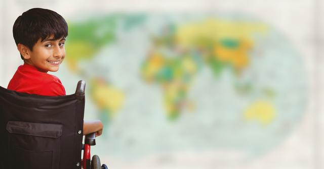 Boy in wheelchair against blurry map - Download Free Stock Photos Pikwizard.com