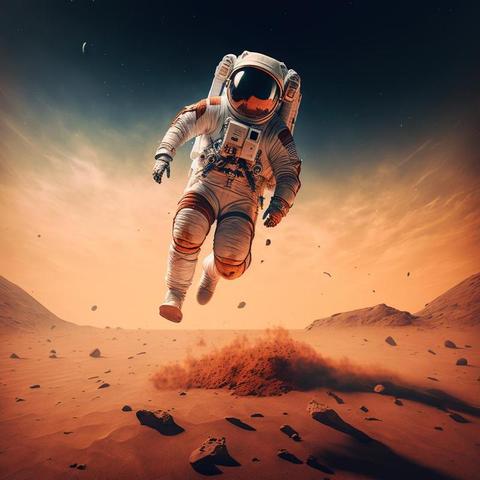 Astronaut floating on planet mars with mountains, created using ...