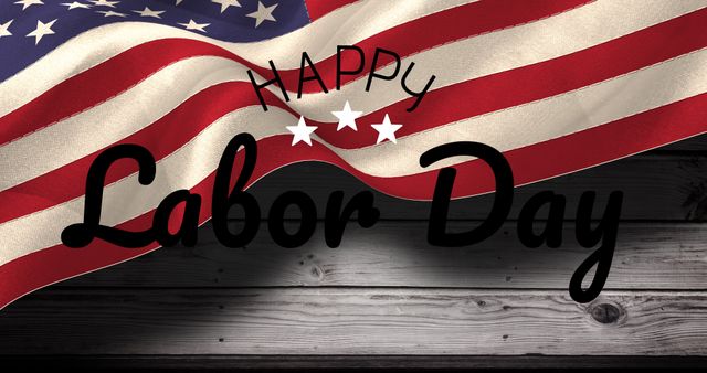 Digital composite image of happy labor day text with flag of america on table, copy space. Federal holiday, honor, recognition, american labor movement, celebration, appreciation of works.