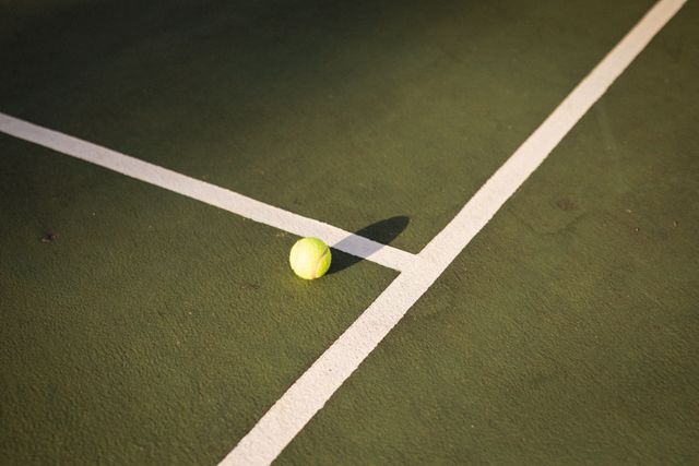 High angle view of tennis ball by white lines on tennis court, copy space. sunlight shadow, unaltered, sport, competition and racket sport concept.