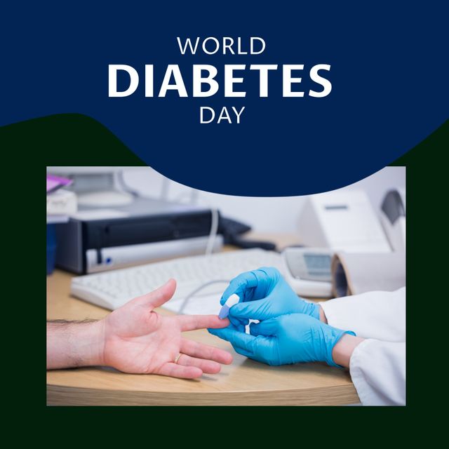 Composition of world diabetes day text over hands of doctor and patient using glucometer. Diabetes day and celebration concept digitally generated image.
