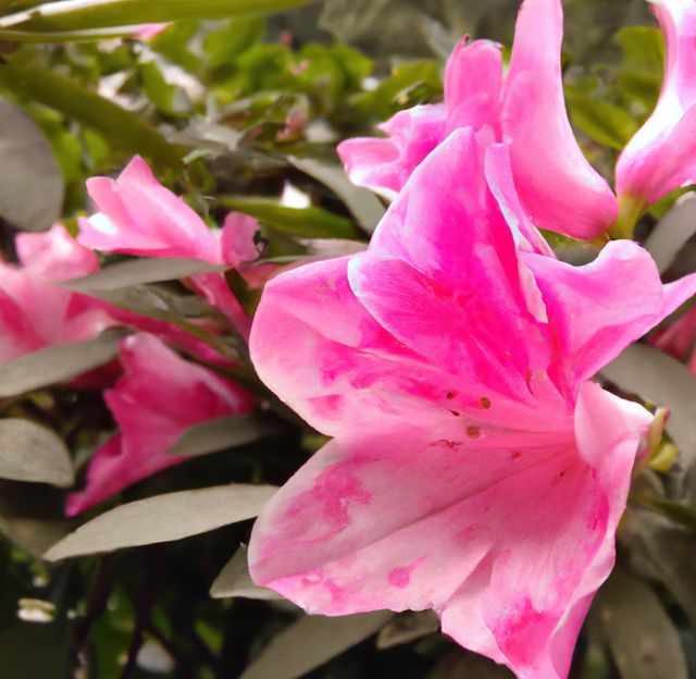 Close up of beautiful pink flowers over green leaves. Flowers, nature, harmony and colour concept.